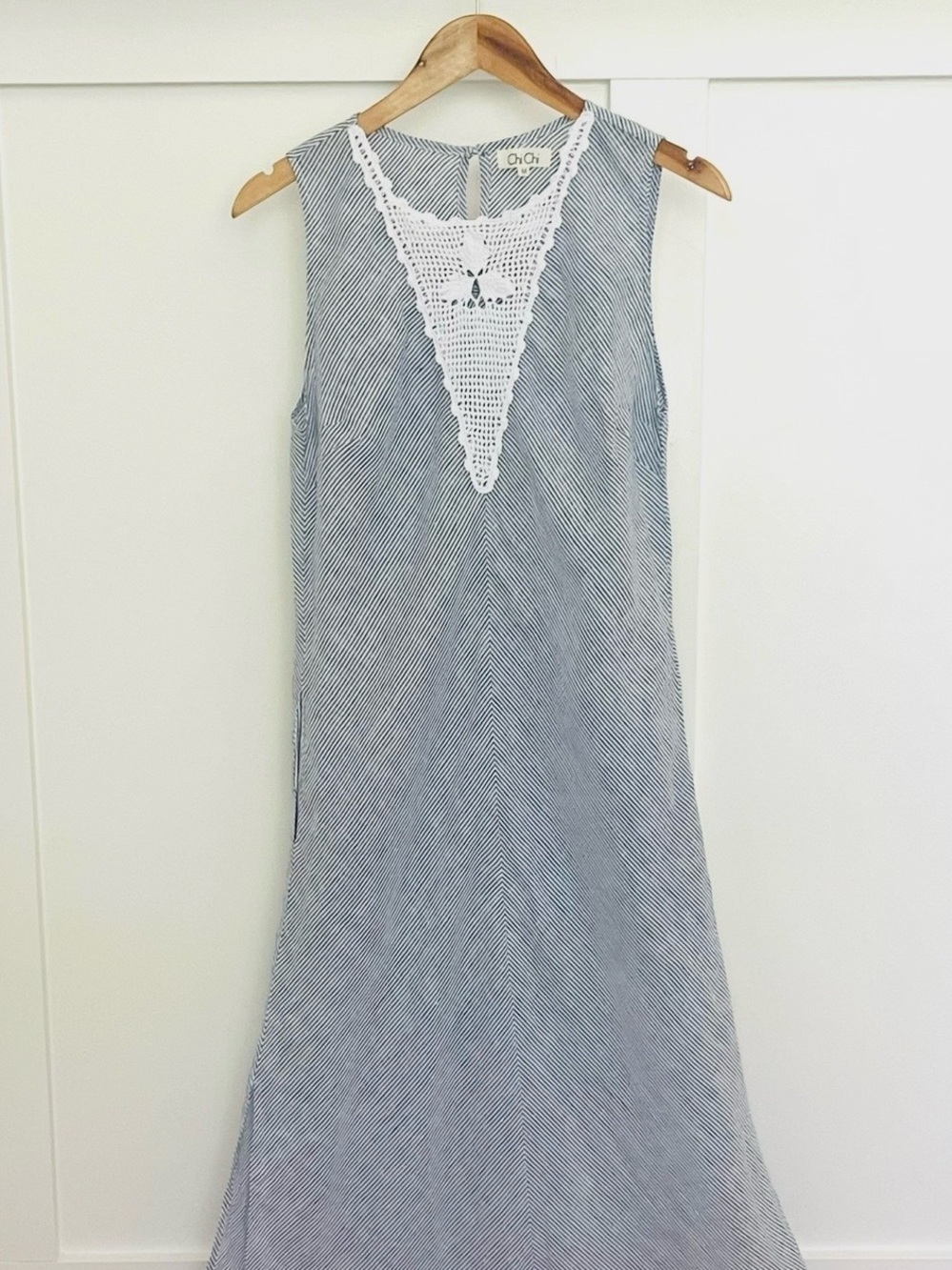 Striped Sleeveless Linen Maxi Dress with Crochet Trim - Blue & White